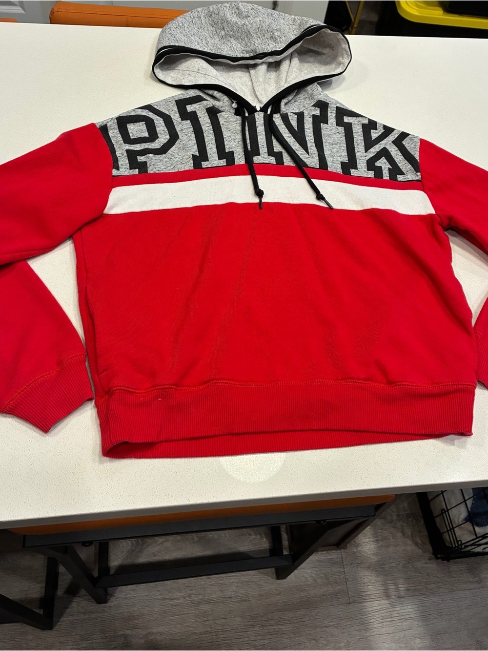 PINK Victoria's Secret Red Crewneck Hoodie with Gray Hood and White Stripe